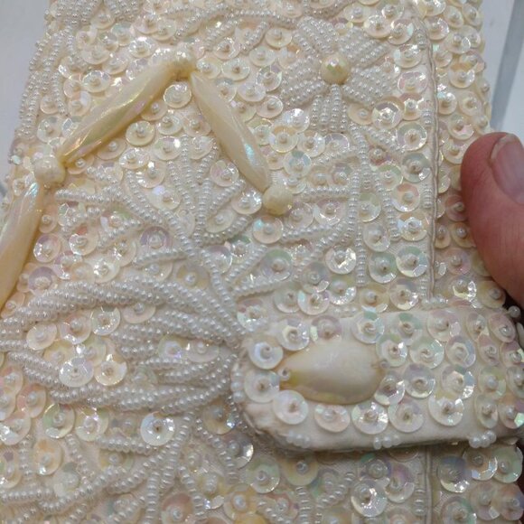 Vintage 60s Clutch/Purse Opalescent Beaded Sequin White Satin Handbag - Picture 2 of 6